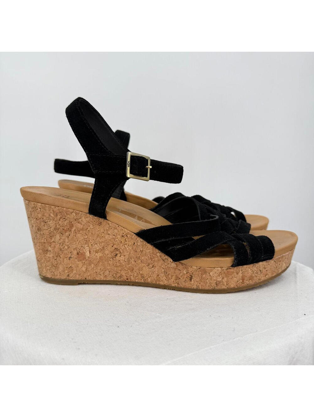 Women's Ugg Suede Wedge Sandals Black Shoes 10